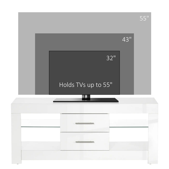 Aosom mcom Tv Stand For Tvs Up To 60", Tv Unit with Led Lights, Storage Shelves and Cupboards, 53.9" X 13.8" X 16.5", in High Gloss White