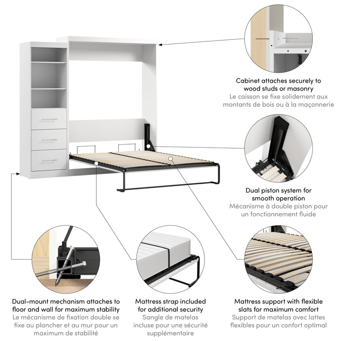 Modubox Nebula Queen Murphy Bed and Closet Organizer with Drawers (90W) in White