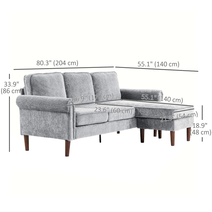 Aosom Homcom L Shape Sofa, Modern Sectional Couch with Reversible Chaise Lounge, Wooden Legs, Corner Sofa For Living Room in Grey, Brown