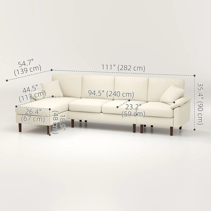 Aosom Homcom L-Shape Sofa, Modern Sectional Couch with Changeable Chaise Lounge, Pillows and Wooden Legs For Living Room, Cream White