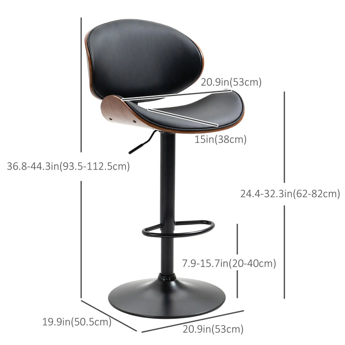 Aosom Homcom Bar Stools Set of 2, Modern Pu Leather Adjustable Swivel Barstools with Curved Back, Footrest and Steel Base in Black