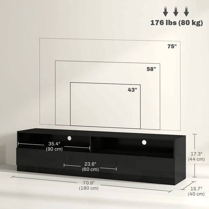 Aosom mcom Led Lighted Tv Stand For Tvs Up To 75", Modern Tv Cabinet with Storage Drawers For Living Room in High Gloss Black