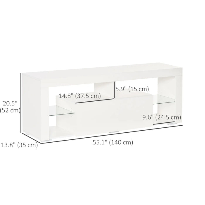 Aosom Homcom Tv Stand For Tvs Up To 60", Tv Unit with Led Lights, Storage Shelves and Cupboards, 53.9" X 13.8" X 16.5",  in White