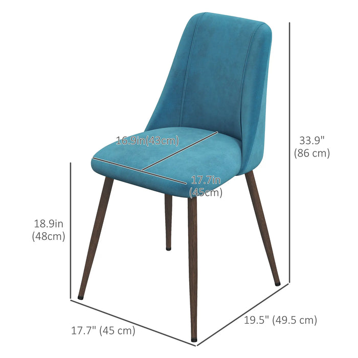 Aosom Homcom Upholstered Dining Chairs Set of 4, Velvet Accent Chair with Back and Wood-Grain Steel Leg For Kitch in Blue, Brown Wood Grain