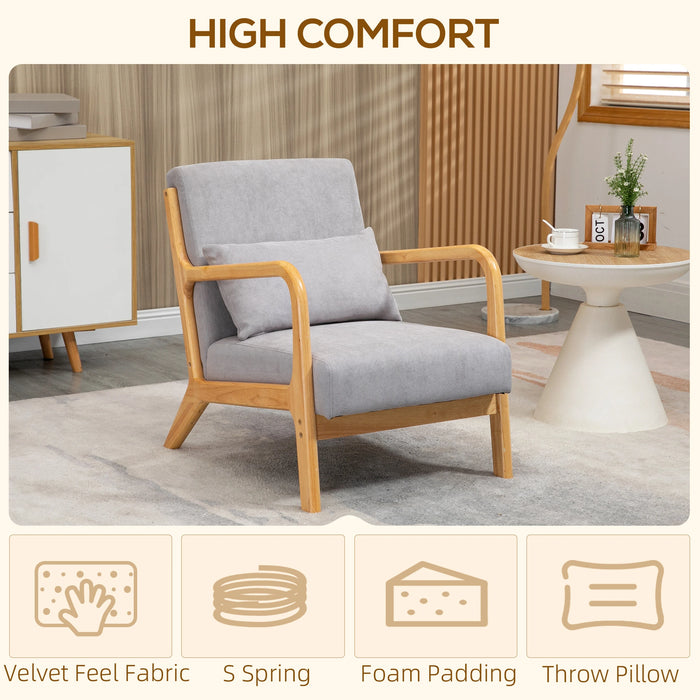 Aosom Homcom Fabric Lounge Chair, Velvet Armchair, Retro Accent Chair with Wood Legs and Thick Padding For Bedroom in Grey