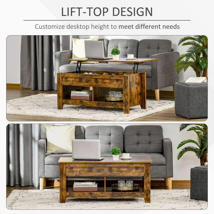 Aosom Homcom Lift Top Coffee Table with Hidden Storage Compartment and Open Shelves, Lift Tabletop Pop-Up Centre Table For Living Room,  Effe in Rustic Brown