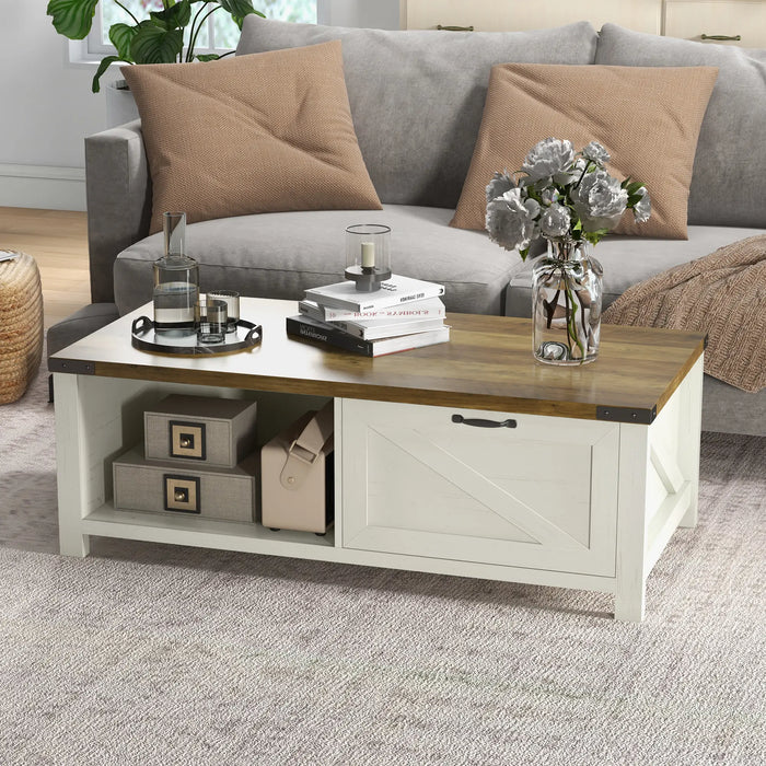 Aosom Homcom industrial Coffee Table Side End Table with Drawer, Open Storage Shelf, Modern Farmhouse Furniture, For Living Room, Dining Room in Brown wood effect, White