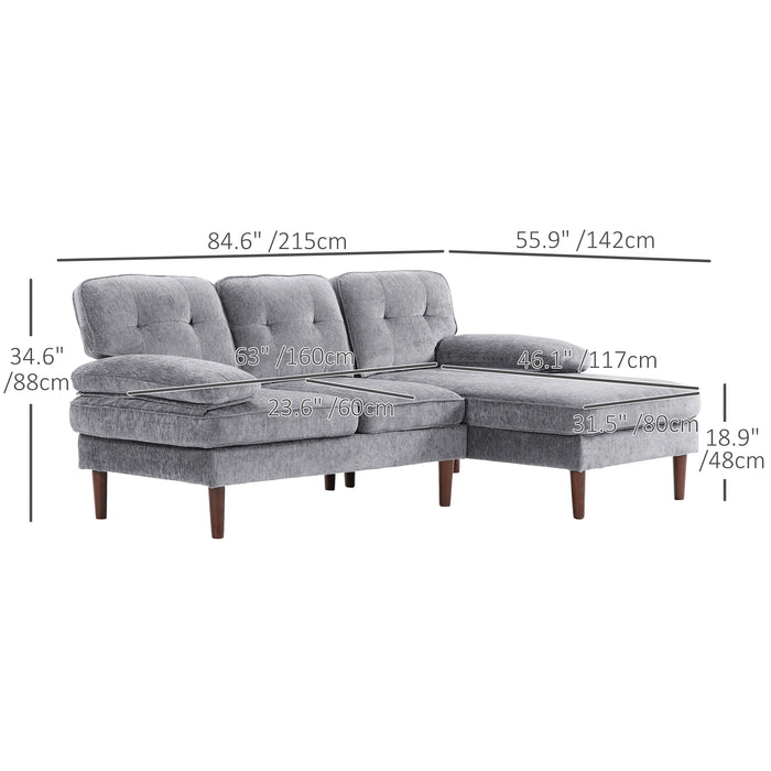 Aosom Homcom Modern Corner Couch with Right Chaise Lounge, Tufted 3-Seater Sofa with Wooden Legs For Living Room, Bedroom in Grey, Brown