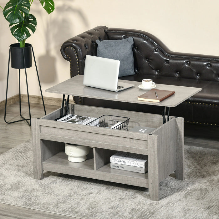 Aosom Homcom Lift Top Coffee Table with Hidden Storage Compartment and Open Shelves, Lift Tabletop Pop-Up Centre Table For Living Room,  Effec in Light Grey