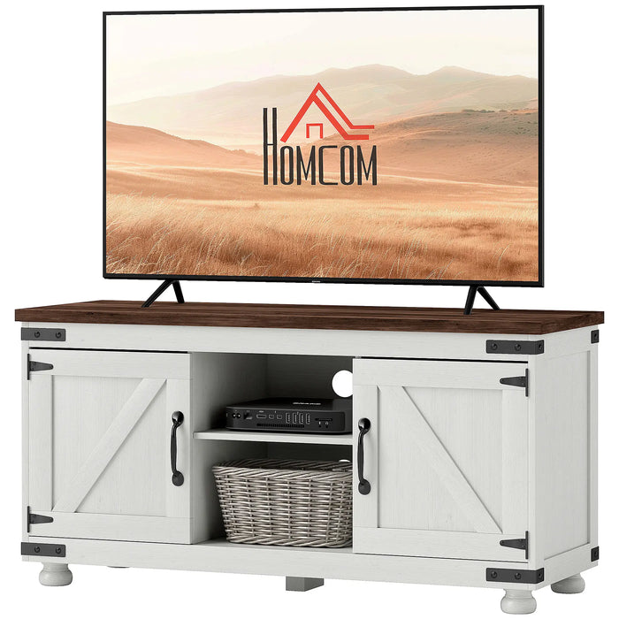 Aosom Homcom Farmhouse Tv Stand For Up To 50" Tv, Tv Cabinet with Barn Doors, Cable Management For Living Room, Distressed White