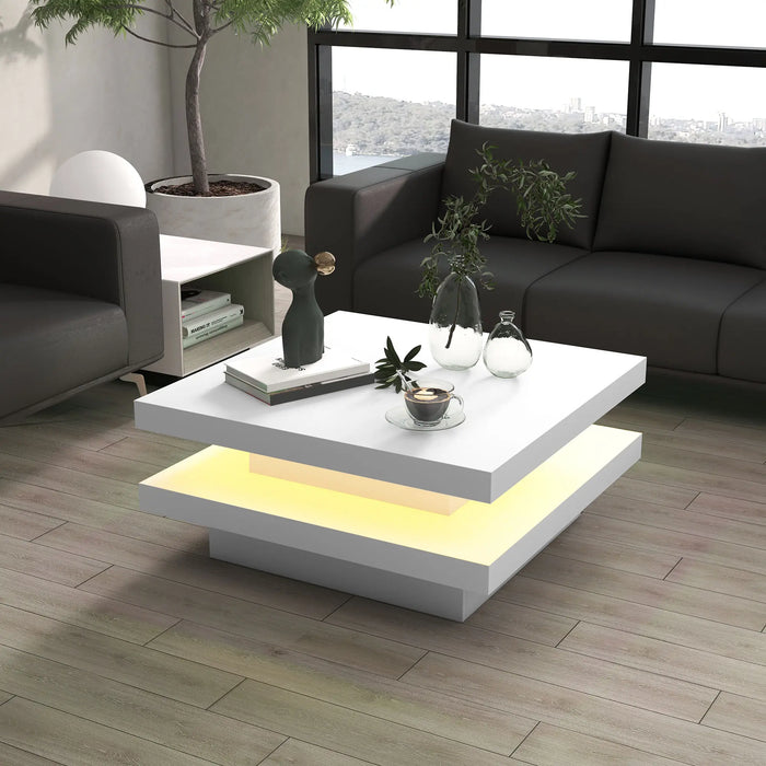 Aosom Homcom Square Coffee Table with 7 Led Lights and Remote in 2-Tier Modern Centre Table For Living Room in White