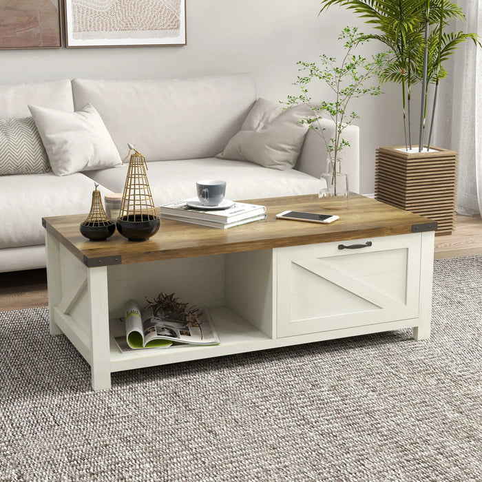 Aosom Homcom industrial Coffee Table Side End Table with Drawer, Open Storage Shelf, Modern Farmhouse Furniture, For Living Room, Dining Room in Brown wood effect, White