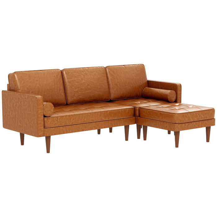 Aosom Homcom Faux Leather Sectional Sofa Couch L-Shaped Corner Sofa Set with Footstool and 2 Bolster Pillows in Brown