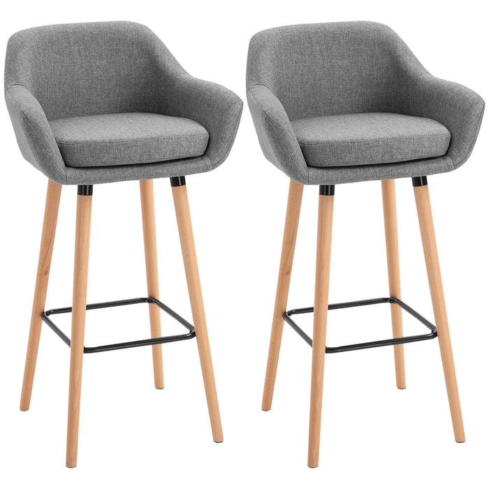 Aosom Homcom Modern Bar Stools Set of 2, 31.5" Barstools with Linen Fabric and Solid Wood Legs, Backrest and Footrest, Dining Room Kitchen Count in Grey