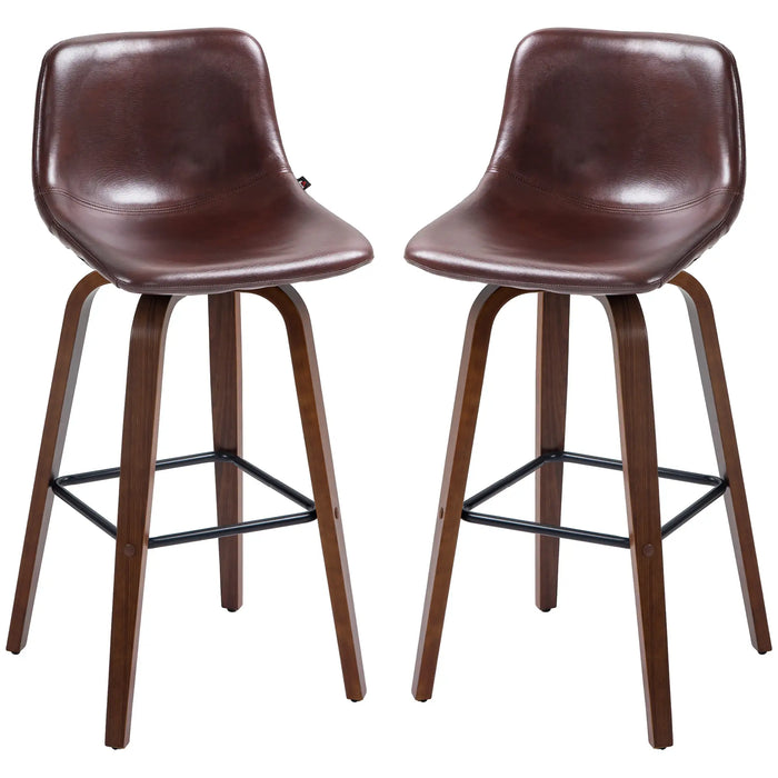 Aosom Homcom Bar Height Bar Stools Set of 2, Mid-Back Bar Chairs with Pu Leather Upholstery and Solid Wood Legs For Kitche in Brown