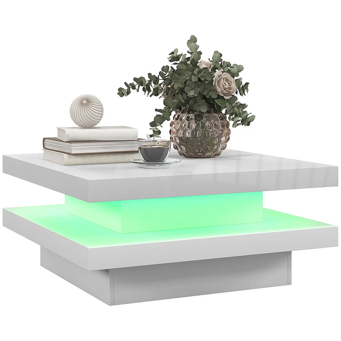 Aosom Homcom Square Coffee Table with 7 Led Lights and Remote in 2-Tier Modern Centre Table For Living Room in White