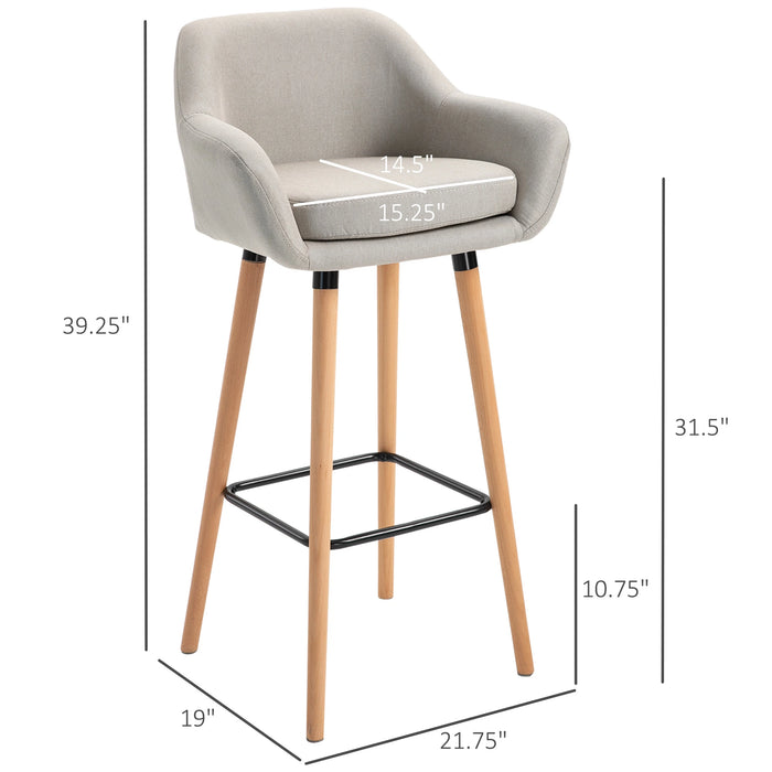 Aosom Homcom Modern Bar Stools Set of 2, 31.5" Barstools with Linen Fabric and Solid Wood Legs, Backrest and Footrest, Dining Room Kitchen Counter in Beige