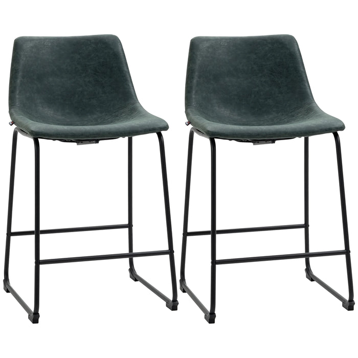 Aosom Homcom Counter Height Bar Stools Set of 2, Vintage Pu Leather Bar Chairs, Kitchen Stools W/ Footrest For Home Bar, Blu in Dark Green