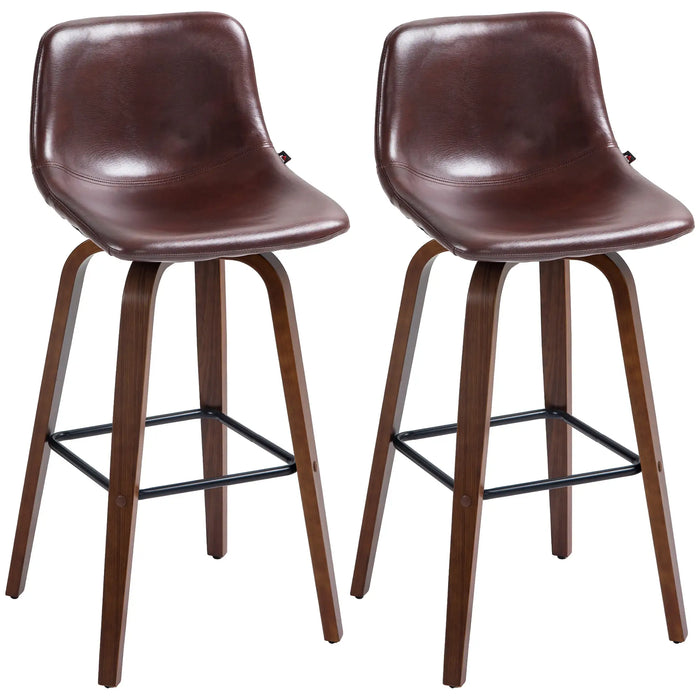 Aosom Homcom Bar Height Bar Stools Set of 2, Mid-Back Bar Chairs with Pu Leather Upholstery and Solid Wood Legs For Kitche in Brown