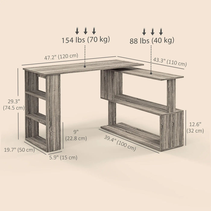 Aosom Homcom L Shaped Desk, 360° Rotating Corner Desk, Computer Writing Table Workstation with Storage Shelf For Home offic in Grey