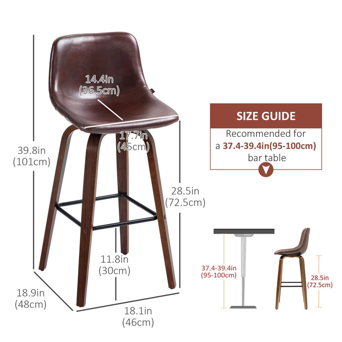 Aosom Homcom Bar Height Bar Stools Set of 2, Mid-Back Bar Chairs with Pu Leather Upholstery and Solid Wood Legs For Kitche in Brown