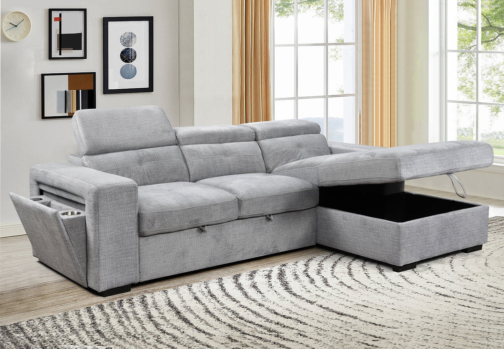 Okotoks Tufted Sleeper Sectional Sofa Bed with Cupholder, Charger, Adjustable Headrests and Storage Chaise in Grey - Available in 2 Configurations