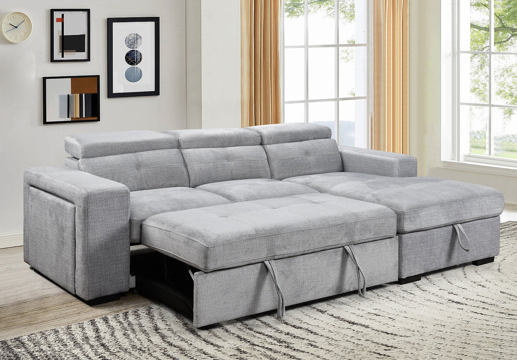 Okotoks Tufted Sleeper Sectional Sofa Bed with Cupholder, Charger, Adjustable Headrests and Storage Chaise in Grey - Available in 2 Configurations