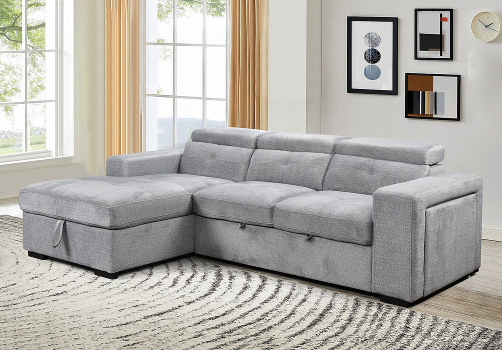 Okotoks Tufted Sleeper Sectional Sofa Bed with Cupholder, Charger, Adjustable Headrests and Storage Chaise in Grey - Available in 2 Configurations