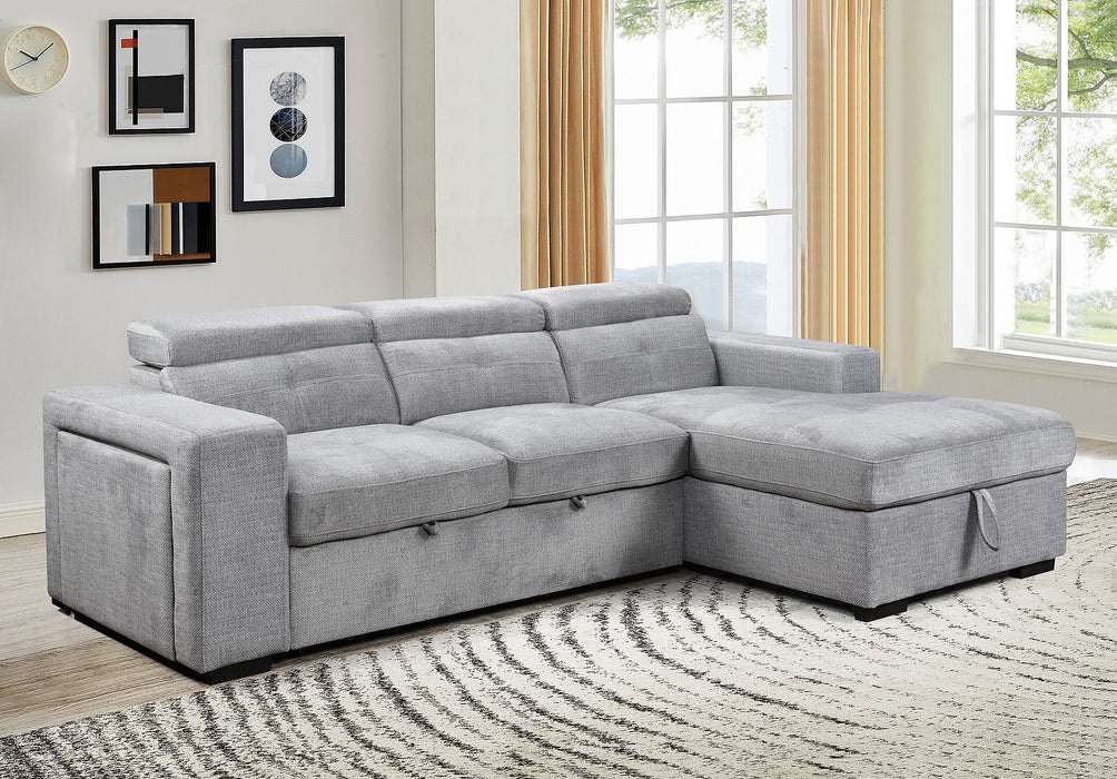 Okotoks Tufted Sleeper Sectional Sofa Bed with Cupholder, Charger, Adjustable Headrests and Storage Chaise in Grey - Available in 2 Configurations