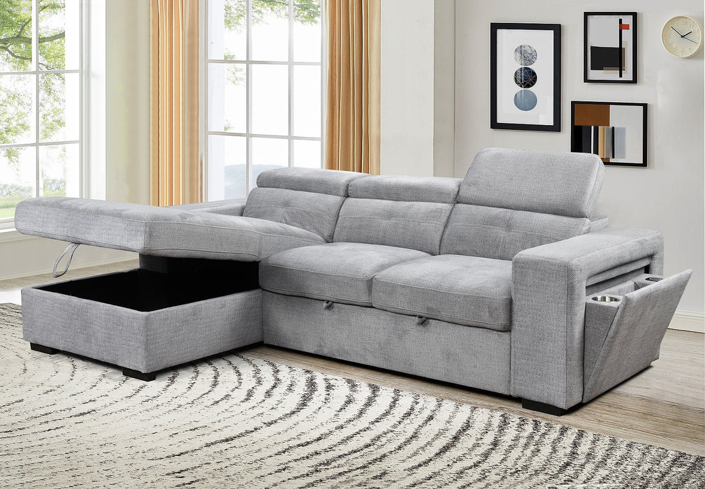 Okotoks Tufted Sleeper Sectional Sofa Bed with Cupholder, Charger, Adjustable Headrests and Storage Chaise in Grey - Available in 2 Configurations