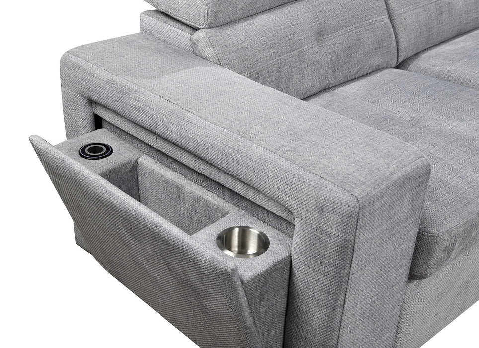 Okotoks Tufted Sleeper Sectional Sofa Bed with Cupholder, Charger, Adjustable Headrests and Storage Chaise in Grey - Available in 2 Configurations