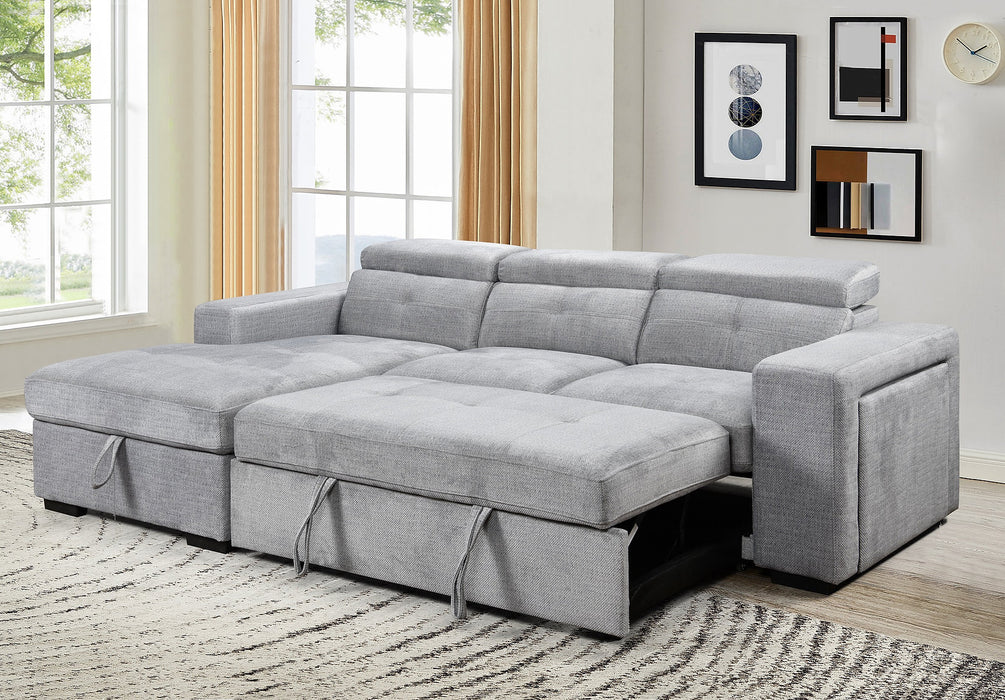 Okotoks Tufted Sleeper Sectional Sofa Bed with Cupholder, Charger, Adjustable Headrests and Storage Chaise in Grey - Available in 2 Configurations