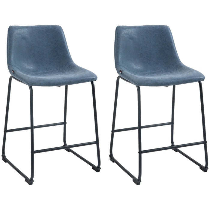 Aosom Homcom Counter Height Bar Stools Set of 2, Vintage Pu Leather Bar Chairs, Kitchen Stools W/ Footrest For Home Bar, in Dark Blue