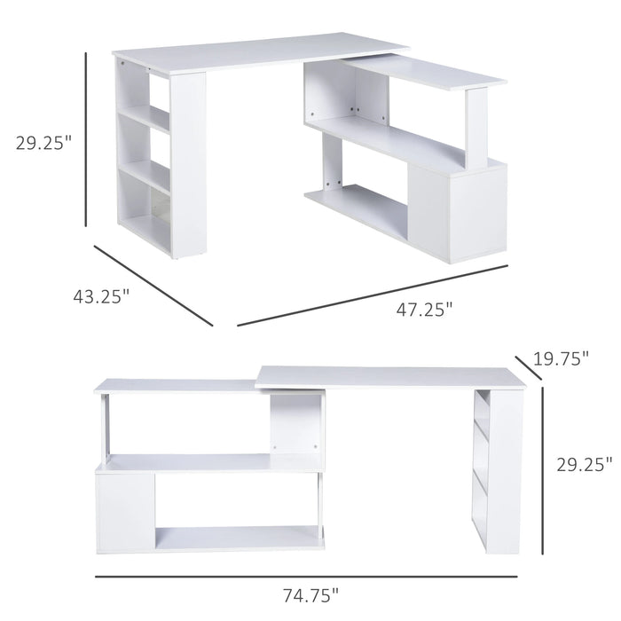 Aosom Homcom L Shaped Desk, 360° Rotating Corner Desk, Computer Writing Table Workstation with Storage Shelf For Home offic in White