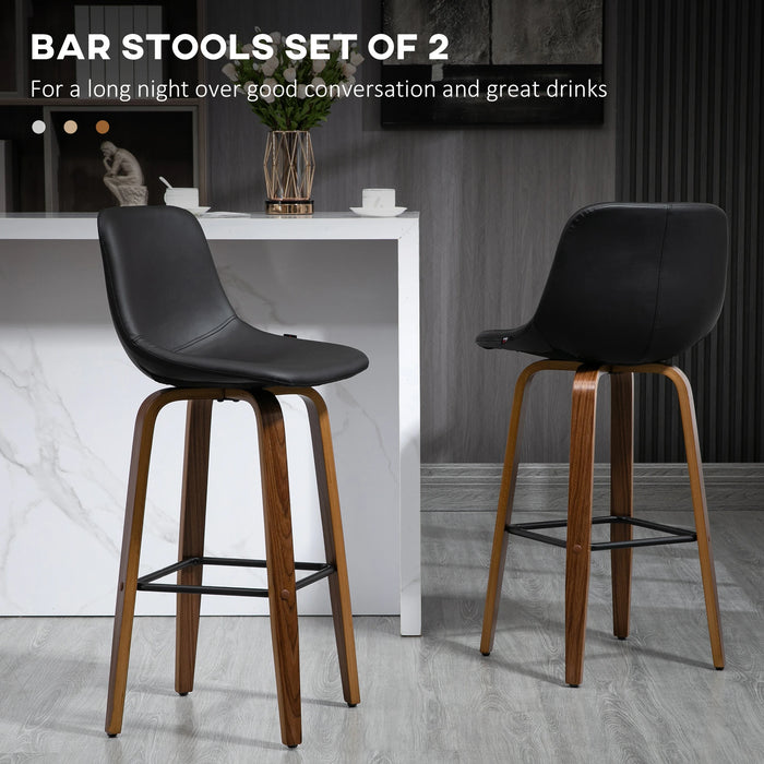 Aosom Homcom Bar Height Bar Stools Set of 2, Mid-Back Bar Chairs with Pu Leather Upholstery and Solid Wood Legs For Kitchen in Black