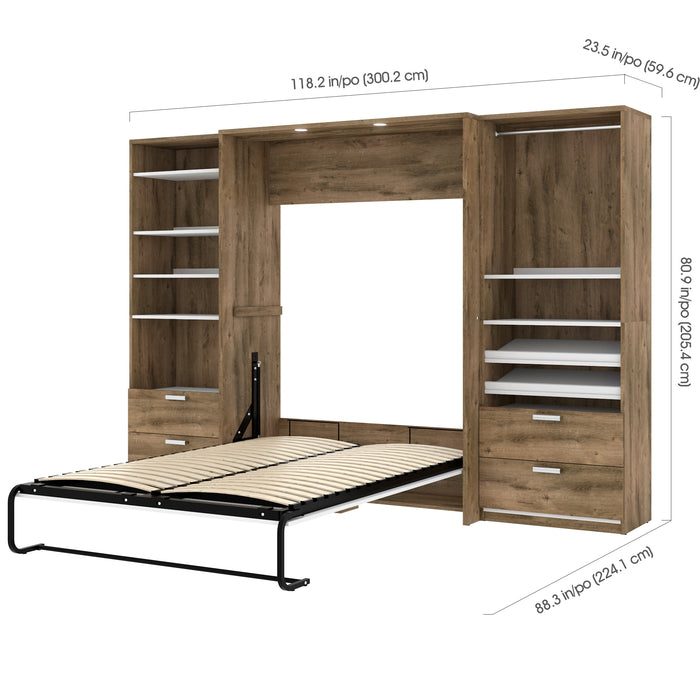 Modubox Cielo Full Murphy Bed with 2 Closet Organizers with Drawers (119W) in Rustic Brown & White