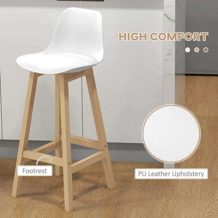 Aosom Homcom Bar Height Stools Set of 2, Pu Leather Upholstered Stools For Kitchen Island, Modern Bar Chairs with Backs in White, Natural