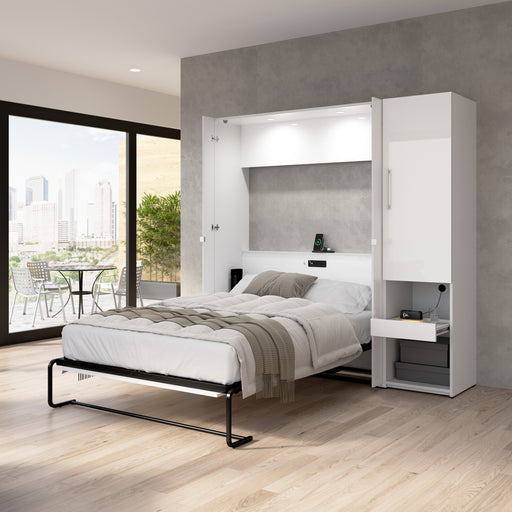 Modubox Avalon High Gloss Full Murphy Bed and Storage Cabinet with Pull-Out Shelf (81W) in High Gloss White