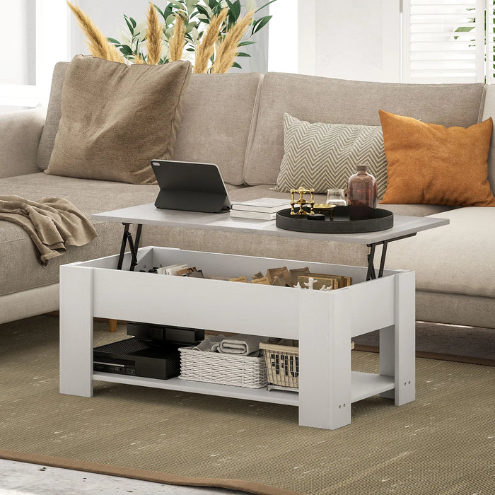 Aosom Homcom Lift Top Coffee Table with Hidden Storage Compartment and Open Shelf, Centre Table For Living Room in White