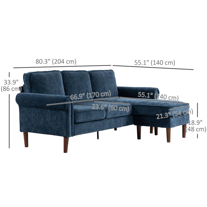 Aosom Homcom L Shape Sofa, Modern Sectional Couch with Reversible Chaise Lounge, Wooden Legs, Corner Sofa For Living Room, Grey in Dark Blue, Brown