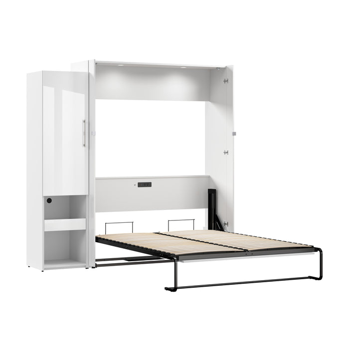 Modubox Avalon High Gloss Queen Murphy Bed and Storage Cabinet with Pull-Out Shelf (87W) in High Gloss White