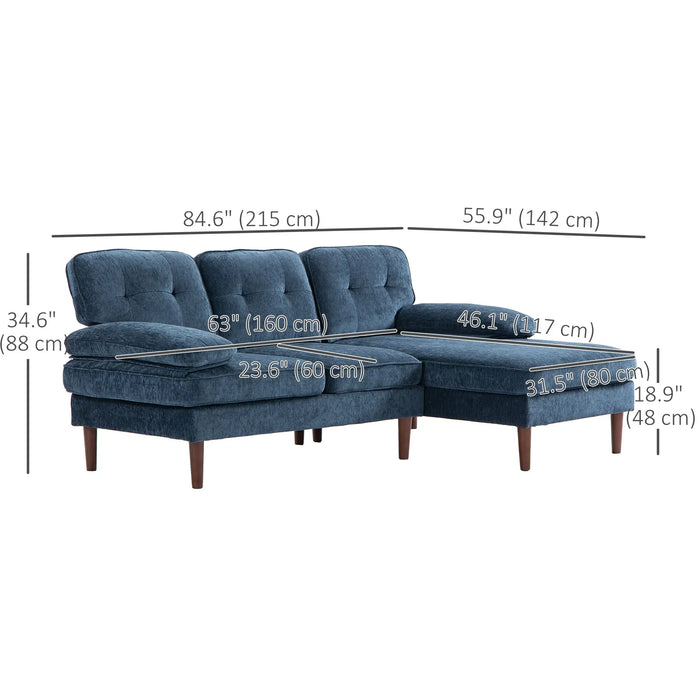 Aosom Homcom Modern Corner Couch with Right Chaise Lounge, Tufted 3-Seater Sofa with Wooden Legs For Living Room, Bedroom, G in Navy Blue, Brown