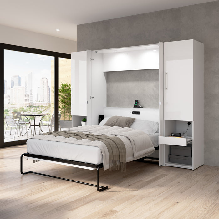 Modubox Avalon High Gloss Full Murphy Bed and Storage Cabinets with Pull-Out Shelf (101W) in High Gloss White