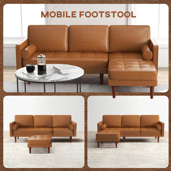 Aosom Homcom Faux Leather Sectional Sofa Couch L-Shaped Corner Sofa Set with Footstool and 2 Bolster Pillows in Brown