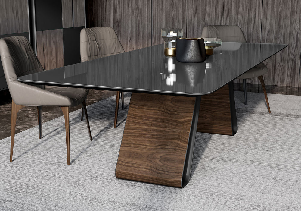 Modloft Wembley Dining Table in Graphite Glass and Walnut