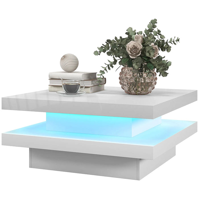 Aosom Homcom Square Coffee Table with 7 Led Lights and Remote in 2-Tier Modern Centre Table For Living Room in White