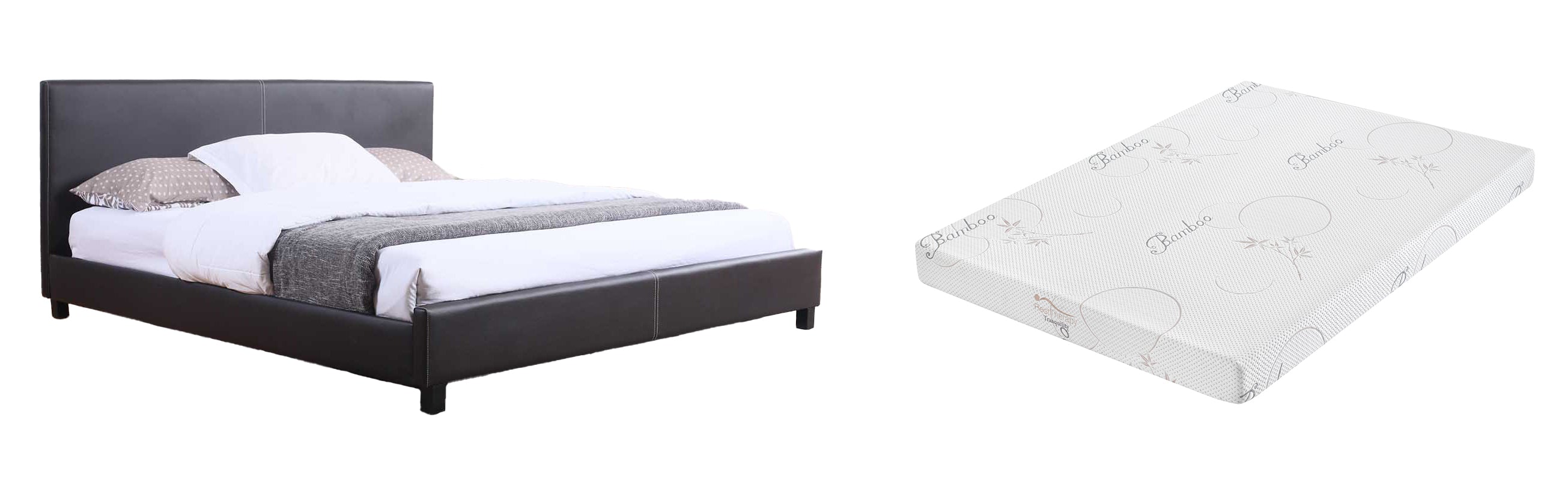 Mirabel Espresso Faux Leather Platform Bed with Mattress - Available in 3 Sizes