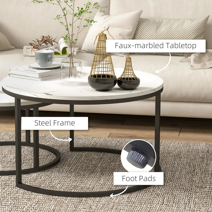 Aosom Homcom Modern Coffee Table Set of 2, Nesting Side Tables W/ Metal Base For Living Room Bedroom offic in White