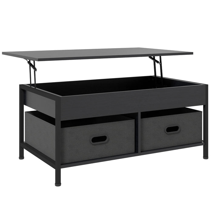 Aosom Homcom industrial Coffee Table, Lift Top Coffee Table with Storage, Live Edge Coffee Table with Open Shelves and Fabric Boxes