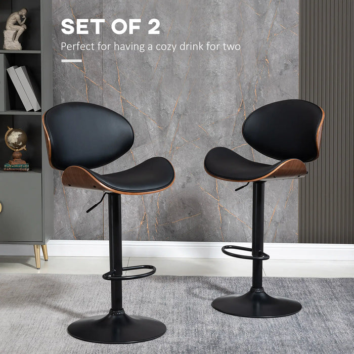 Aosom Homcom Bar Stools Set of 2, Modern Pu Leather Adjustable Swivel Barstools with Curved Back, Footrest and Steel Base in Black